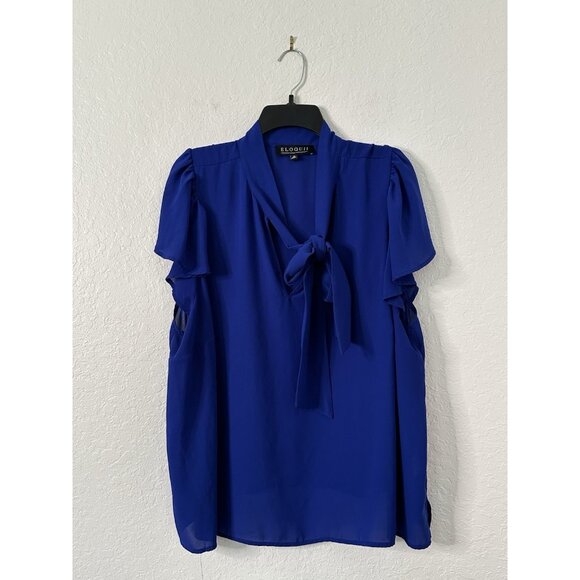 ELOQUII Womens Royal Blue Flutter Sleeve Sheer Tie Neck Blouse Plus Size 24 - Picture 2 of 6